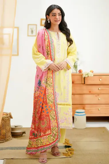 Embroidered Shirt Printed Dupatta by ZELLBURY, Yellow