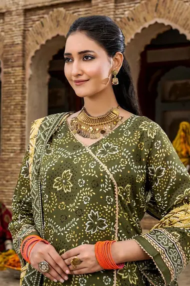 Printed Cambric Shirt And Dupatta by ZESH TEXTILE, DarkGreen