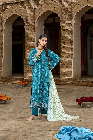 Printed Cambric Shirt And Dupatta by ZESH TEXTILE, CadetBlue