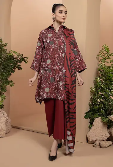 Printed Khaddar Shirt and Printed Wool Shawl D02 by humdum, Red