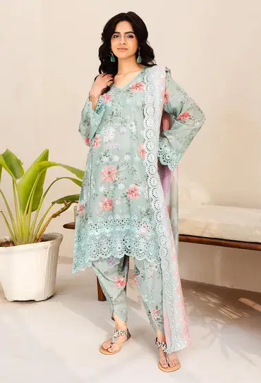 Digitally Printed  Embroidered Lawn Front  Chiffon Dupatta by ADANS LIBAS, Blue