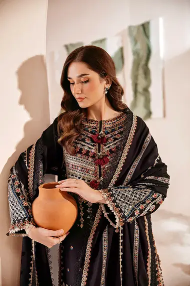 Embroidered Shirt and Pashmina Shawl FSW - 3B by FLORENT, Black