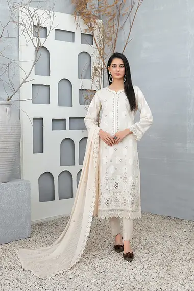 Embroidered Broshia Lawn Shirt Cutwork Dupatta by TAWAKKAL, White