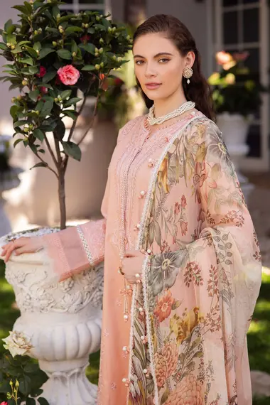 Embroidered Lawn Shirt Chiffon Dupatta by JADE, PeachPuff