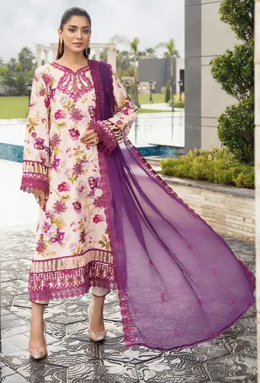 Embroidered karandi shirt and chiffon dupatta D02 by HUMDUM, Pink