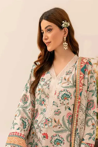 Printed Karandi Shirt Karandi Shirt Embroidered Chickenkari Dupatta AF-135 by riaz arts, AntiqueWhite