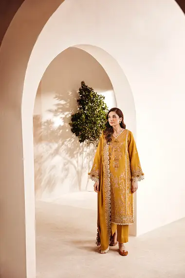 Embroidered Shirt and Pashmina Shawl FSW -1B by FLORENT, Yellow