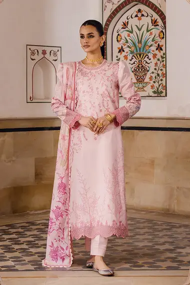 chikankari embroidered printed lawn front with printed lawn dupatta by aabyaan, Pink