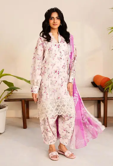 Digitally Printed Embroidered Lawn Front Chiffon Dupatta by ADANS LIBAS, pink