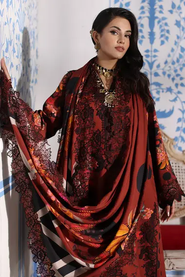 Printed Linen Front And Embroidery Shawl by CHARIZMA, Orange