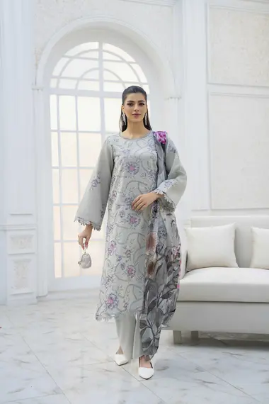 Embroidered Shirt Printed Chiffon Dupatta D06 by PURI FABRICS, DarkGrey