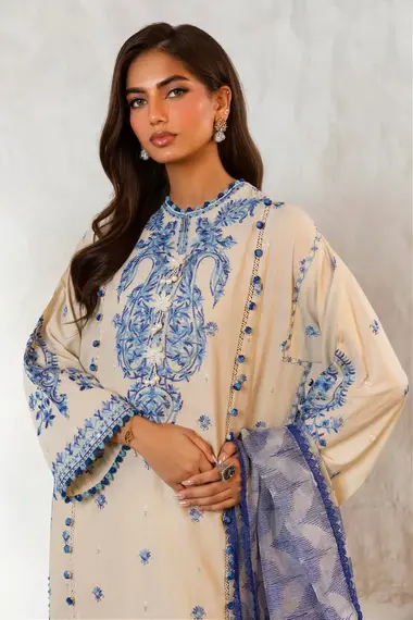 Embroidered Front Kali Embroidered Woven Net Dupatta by SANA SAFINAZ, Beige