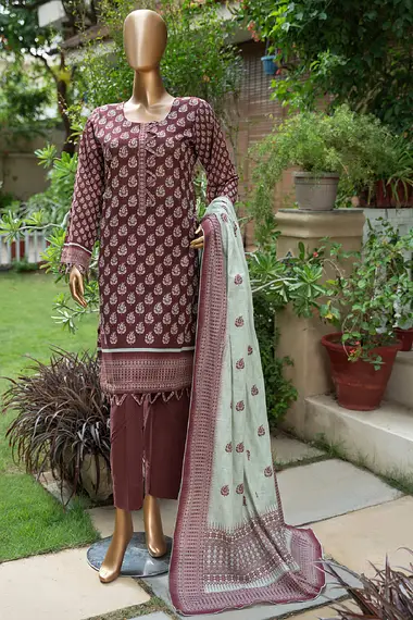 Printed Khaddar Shirt And Dupatta by A one Textile, brown