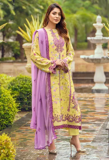 Embroidered karandi shirt and chiffon dupatta D09 by HUMDUM, Yellow