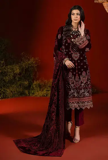 Embroidered Velvet Front And Plachi Shawl by ADANS LIBAS, Red