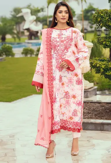 Embroidered karandi shirt and chiffon dupatta D07 by HUMDUM, Pink