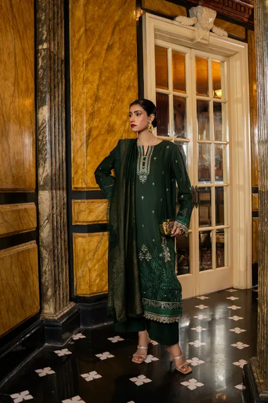 Embroidered Dhanak Front and Jacquard Wool Shawl Hayaa 04 by Firdous, Green