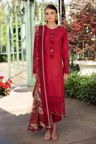 Embroidered Lawn Shirt Chiffon Dupatta by JADE, Red