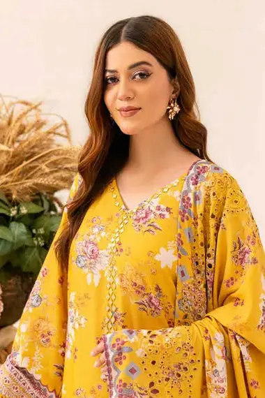 Printed Karandi Shirt Karandi Shirt Embroidered Chickenkari Dupatta AF-134 by riaz arts, Yellow