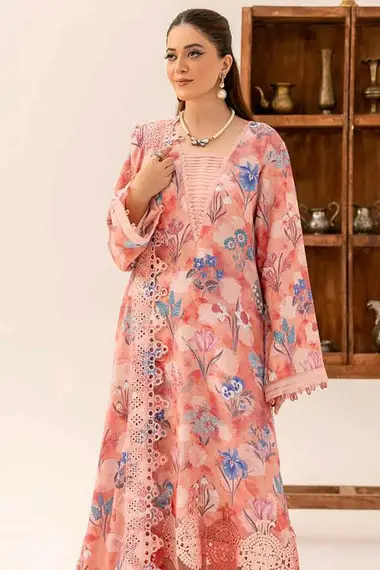 Printed Karandi Shirt Karandi Shirt Embroidered Chickenkari Dupatta AF-137 by riaz arts, LightPink