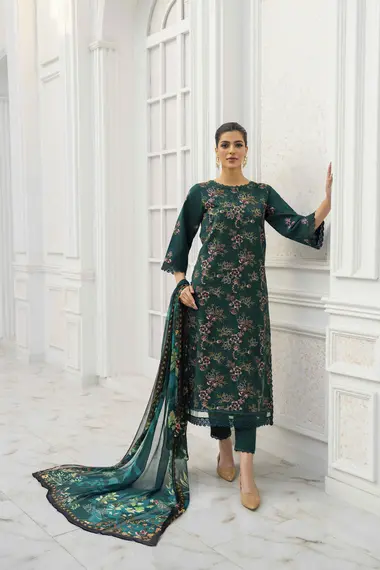 Embroidered Shirt Printed Chiffon Dupatta D05 by PURI FABRICS, DarkGreen