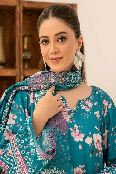 Printed Karandi Shirt Karandi Shirt Embroidered Chickenkari Dupatta AF-136 by riaz arts, CadetBlue