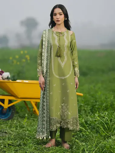 Embroidered Lawn Front Silk Dupatta by PURI FABRICS, ForestGreen