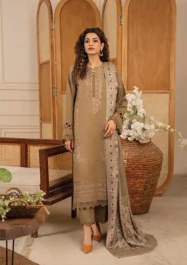 Embroidered Dhanak Shirt And Woollen Aari Shawl D-02 by PURI FABRICS, Brown