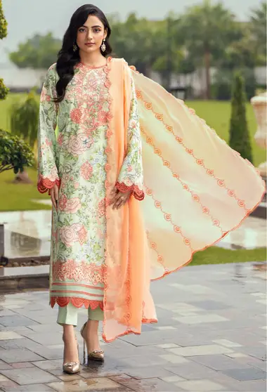 Embroidered karandi shirt and chiffon dupatta D03 by HUMDUM, Green