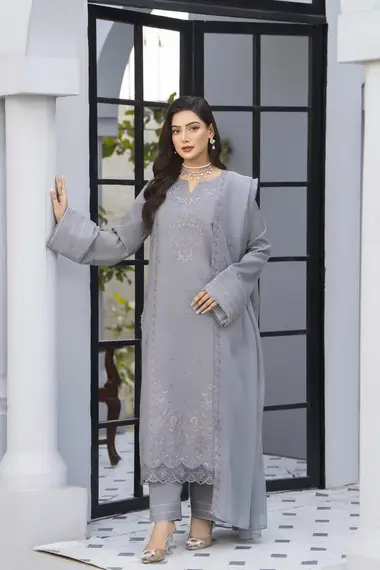 Embroidered Karandi Shirt Chiffon Dupatta by PURI FABRICS, Grey