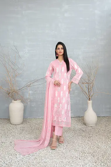 Embroidered Broshia Lawn Shirt Cutwork Dupatta by TAWAKKAL, Pink