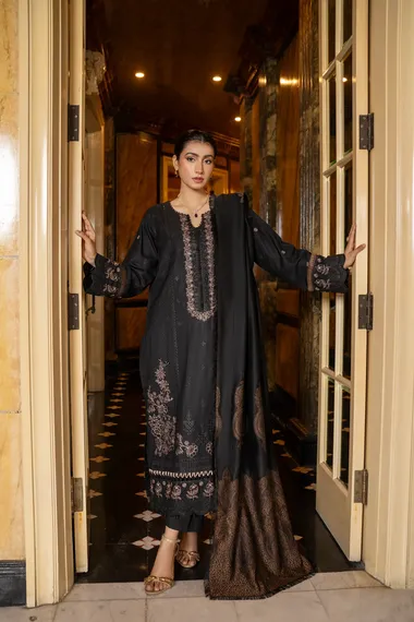 Embroidered Dhanak Front and Jacquard Wool Shawl  Arzoo 1 by Firdous, black