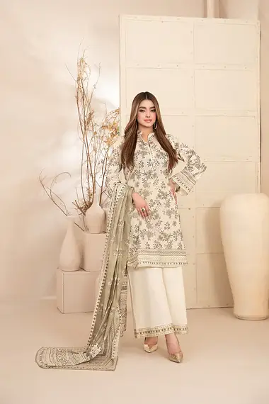 Digital Printed Lawn Shirt Printed Dupatta by TAWAKKAL, Beige