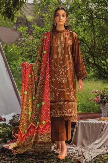 Embroidered Khaddar Front Digital Printed Khaddar Shawl by PURI FABRICS, SaddleBrown