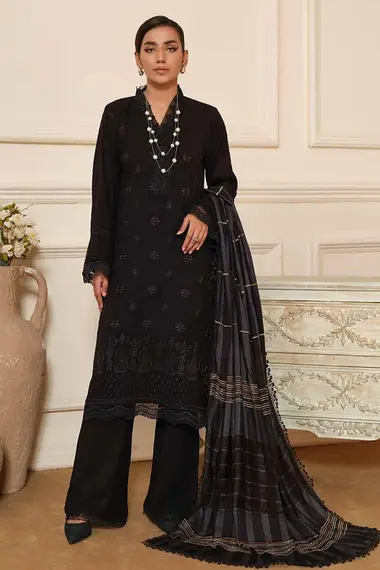 Embroidered Peach Leather Shirt With Jacquard Shawl by RIAZ ARTS, Black