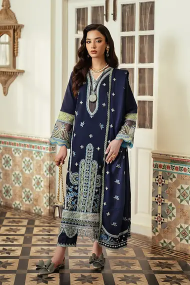 Chickenkari Shirt And Embroidered Jacquard Dupatta Siran AV-03 by aabyaan, DarkBlue