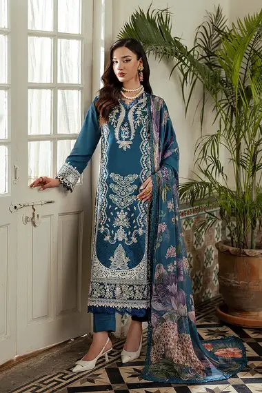 Chickenkari Shirt And Printed Chiffon Dupatta Ruya AV-06 by aabyaan, RoyalBlue