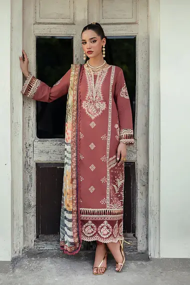 Chickenkari Shirt And Printed Chiffon Dupatta Veeda AV-07 by aabyaan, Coral