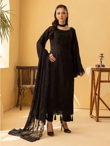 Embroidered Viscose Shirt Embroidered Crinkle Shawl D 04 by aalaya, Black