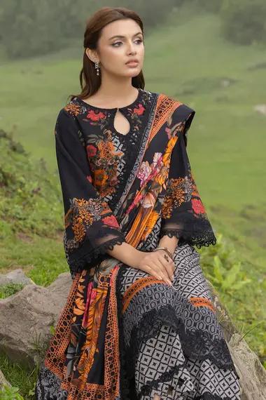 Embroidered Printed Staple Front Embroidered Printed Staple Shawl CCW4-01 by charizma, Black