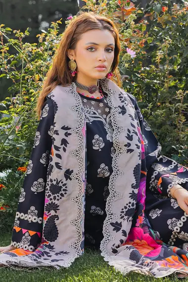 Embroidered Shirt And Shawl ANW4-07 by charizma, Black