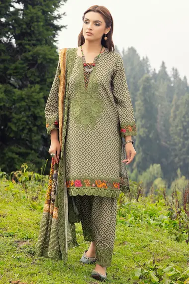 Embroidered Printed Staple Front Embroidered Printed Staple Shawl CCW4-08 by charizma, Green