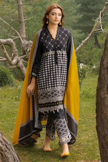 Embroidered Printed Staple Front Embroidered Printed Staple Shawl CCW4-05 by charizma, black