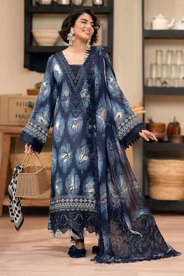 Embroidered And Printed Crepe Shirt Embroidered And Printed Chiffon Dupatta GL-21 by nureh, DarkBlue