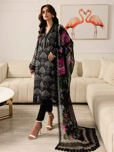 Printed Viscose Shirt Printed Chiffon Dupatta SP-128 by nureh, Black