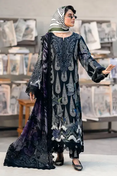 Embroidered And Printed Crepe Shirt Embroidered And Printed Chiffon Dupatta GL-19 by nureh, Black