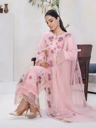 Embroidered Karandi Shirt Embroidered Chiffon Dupatta by puri fabrics, Pink