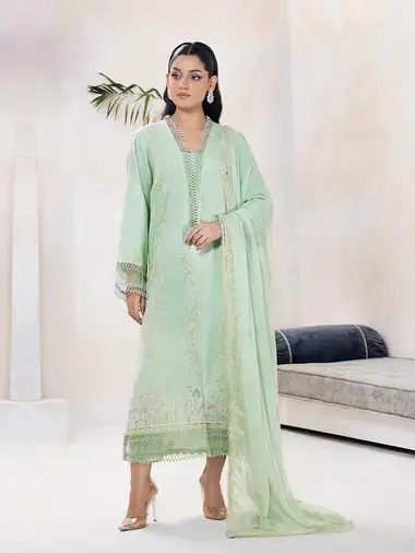 Embroidered Karandi Shirt Embroidered Chiffon Dupatta by puri fabrics, Green