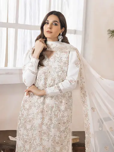 Embroidered Karandi Shirt Embroidered Chiffon Dupatta by puri fabrics, off white