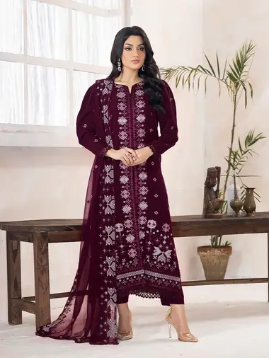 Embroidered Karandi Shirt Embroidered Chiffon Dupatta by puri fabrics, Purple